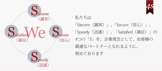 私たちは「Sincere（誠実）」、「Secure（安心）」、「Speedy（迅速）」、「Satisfied（満足）」の4つの「S」を、企業理念として、お客様の最適なパートナーとなれるように、努めております